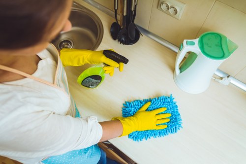 Professional cleaner in Islington preparing a tidy living room